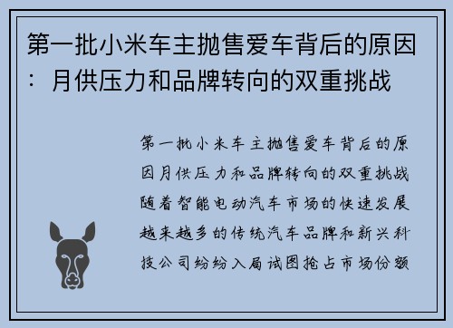 第一批小米车主抛售爱车背后的原因：月供压力和品牌转向的双重挑战