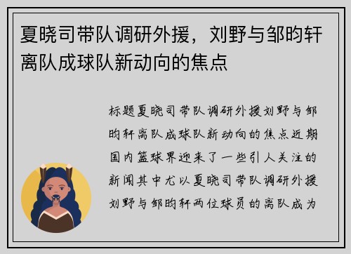 夏晓司带队调研外援，刘野与邹昀轩离队成球队新动向的焦点