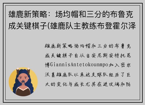 雄鹿新策略：场均帽和三分的布鲁克成关键棋子(雄鹿队主教练布登霍尔泽)
