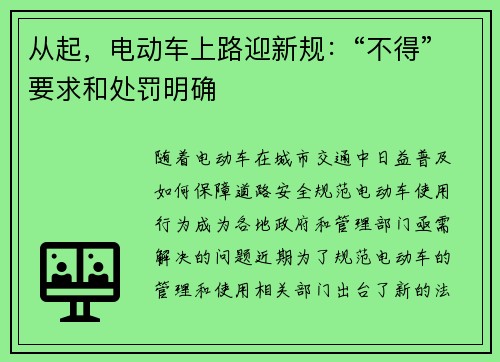 从起，电动车上路迎新规：“不得”要求和处罚明确