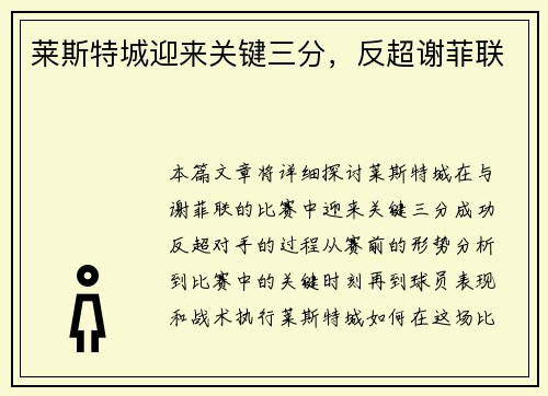 莱斯特城迎来关键三分，反超谢菲联