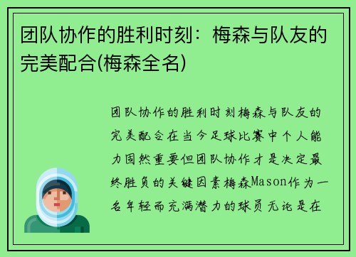 团队协作的胜利时刻：梅森与队友的完美配合(梅森全名)