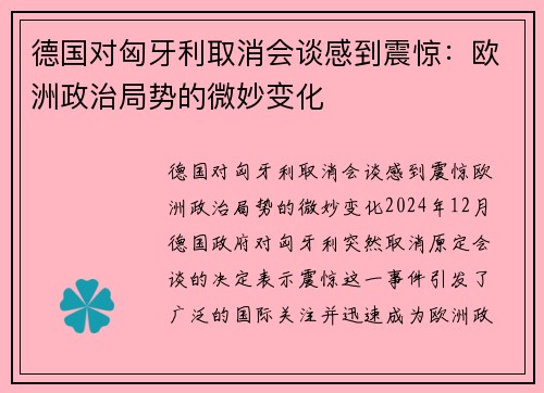 德国对匈牙利取消会谈感到震惊：欧洲政治局势的微妙变化